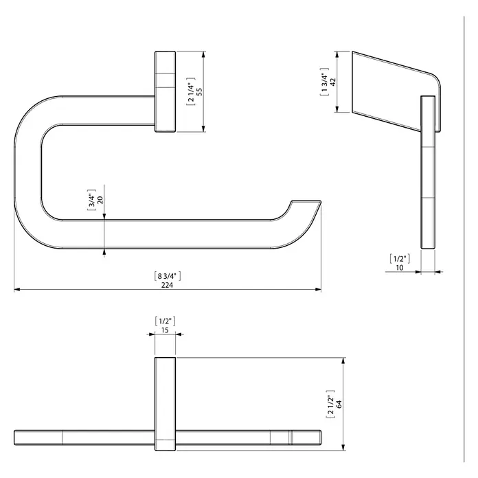 Creabath City Toallero de anilla - Ancho: 22,4 cm, Cromo, Resplandeciente - Dibujo técnico de un portarrollos de papel higiénico con dimensiones en pulgadas y milímetros para su instalación en el baño.