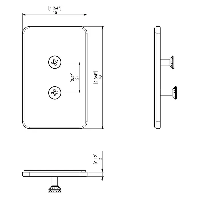 Creabath Placa de soporte adhesiva City - L x An: 0,4 x 4,5 cm - Ilustración de un accesorio cuadrado con tornillos y dimensiones, destacando las medidas del producto.