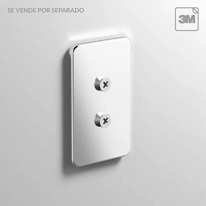Creabath Placa de soporte adhesiva City - L x An: 0,4 x 4,5 cm - Primer plano de un soporte de pared 3M rectangular brillante con dos tornillos, montado sobre una superficie blanca.