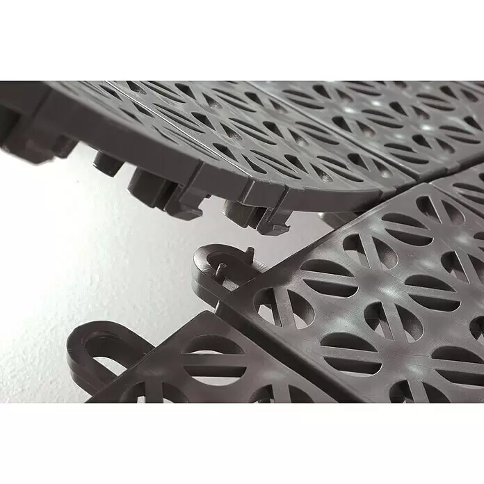 Klickfliese - Polyethylen, 55,5 x 55,5 x 1,1 cm, Grau, 9 Stk. - Dunkelgraue Kunststoff-Steckfliesen, die den Verbindungsmechanismus zeigen.