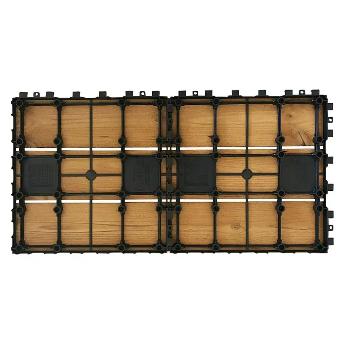 Klickfliese Smartdeck - Kiefer, 60 x 30 x 2,5 cm, Naturbraun, 1 Stk. - Draufsicht von zwei ineinandergreifenden Terrassendielen mit Holzstruktur und schwarzem Kunststoffrahmen, ideal für den Außenbereich.