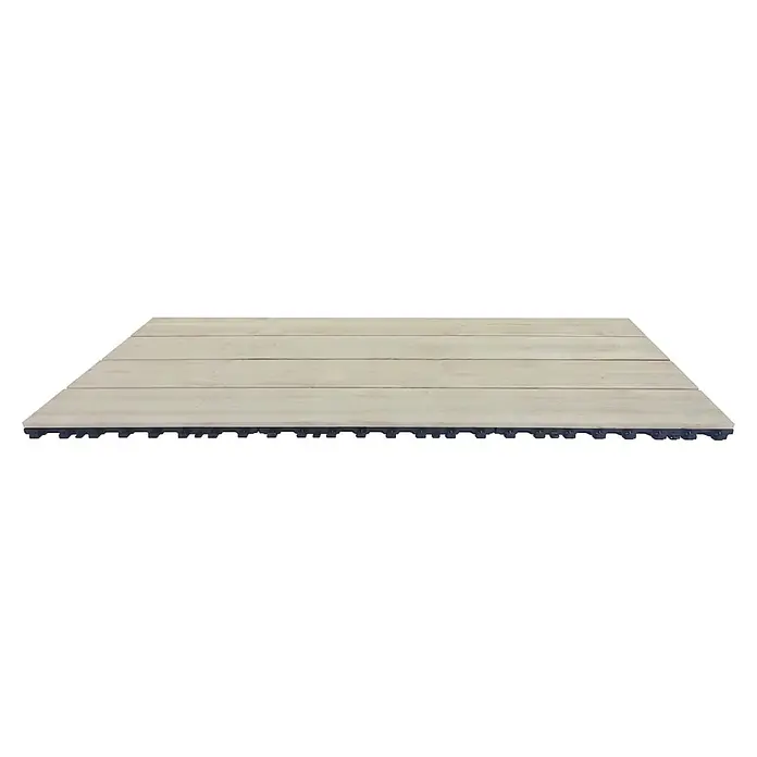 Klickfliese Smartdeck - Kiefer, 120 x 40 x 2,5 cm, Thermo White, 1 Stk. - Aufnahme einer Terrassendiele mit hellen Holzplanken und schwarzer Unterkonstruktion. Ideal für stilvolle Außenbereiche.