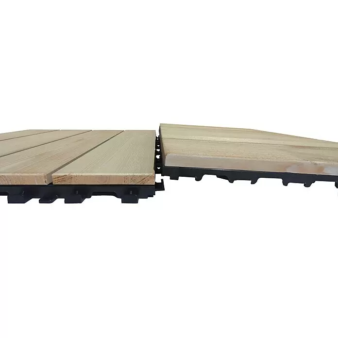 Klickfliese Smartdeck - Kiefer, 120 x 40 x 2,5 cm, Thermo White, 1 Stk. - Helle Holz-Terrassenfliesen mit schwarzer Kunststoffunterseite, teilweise verbunden dargestellt.