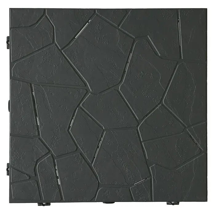 WPC-Fliese Snaptile - Anthrazit, 38 x 38 x 2,5 cm, 1 Stk. - Nahaufnahme einer schwarzen Terrassenfliese mit Steinmuster.
