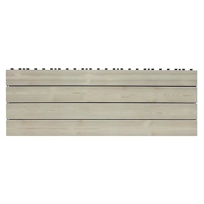 Klickfliese Smartdeck - Kiefer, 120 x 40 x 2,5 cm, Thermo White, 1 Stk. - Nahaufnahme einer hellen, horizontalen Holzterrasse mit dunklen, gleichmäßig verteilten Befestigungsclips für eine einfache Installation.