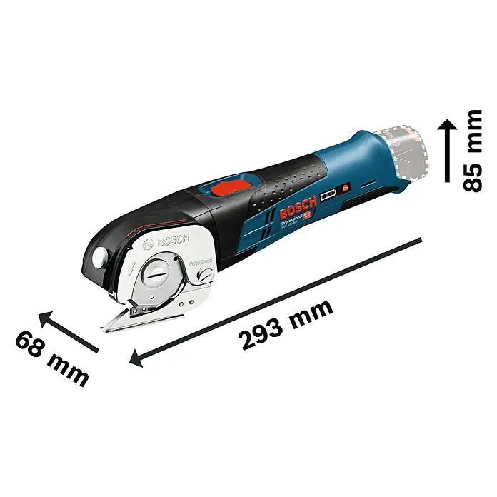 Bosch Professional Akku-Universalschere GUS 12V-300 - 12 V, Ohne Akku, Leerlaufhubzahl: 700 /min - Bild einer Bosch GUS 12V-300 Akku-Universalschere mit Abmessungen. Robustes Werkzeug zum Schneiden verschiedener Materialien.