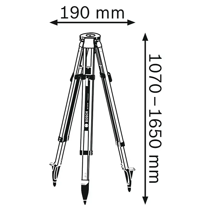 Bosch Professional Stativ BT 170 - Stativ-Gewinde: ⁵⁄₈″, Arbeitshöhe: 107 cm - 165 cm - Abbildung eines Bosch BT 170 HD Professional Stativs mit den Abmessungen 190 mm und 1070-1650 mm.