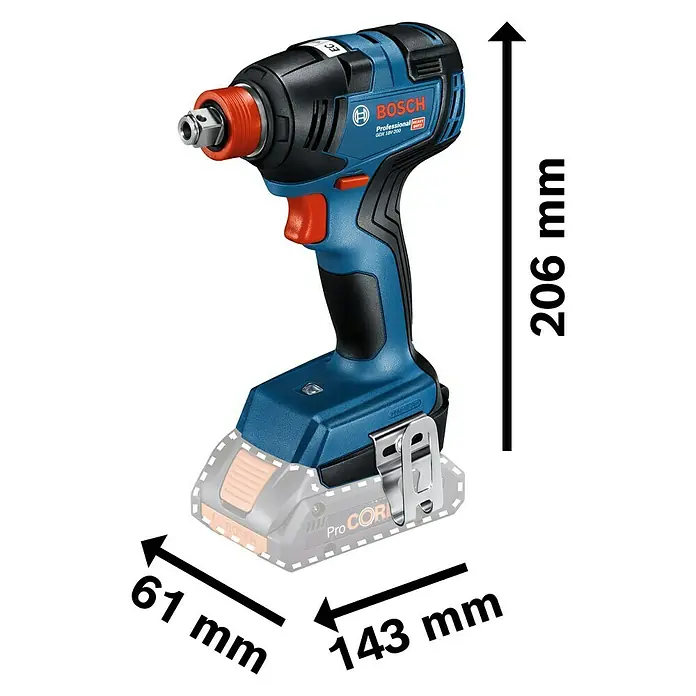 Bosch Professional AMPShare 18V Akku-Drehschlagschrauber GDX 18V-200 - 18 V, Ohne Akku, 200 Nm, Ohne Koffer - Akku-Schlagschrauber von Bosch Professional mit den Maßen 206 mm Höhe, 61 mm Breite und 143 mm Länge.