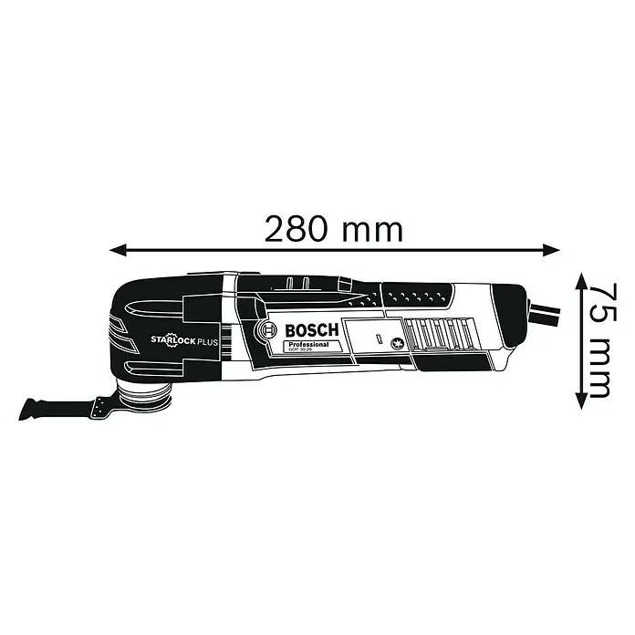 Bosch Professional Elektro-Multifunktionswerkzeug GOP 30-28 - 300 W, STARLOCK-Plus-System - Abbildung eines Bosch GOP 30-28 Multifunktionswerkzeugs mit Maßangaben. Das Werkzeug ist schwarz-weiß dargestellt und die Maße sind 280 mm x 75 mm.