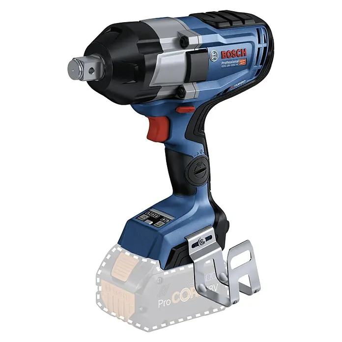 Bosch Professional AMPShare 18V Akku-Drehschlagschrauber GDS 18V-1050 H - 18 V, Ohne Akku - Akkuschlagschrauber von Bosch Professional GDS 18V-1050 HC mit blauem Gehäuse, silberfarbenen Akzenten und einem roten Auslöser.