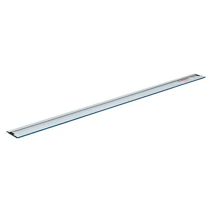 Bosch Professional Führungsschiene FSN 2100 - Länge: 2.100 mm - Das Bild zeigt eine Bosch Führungsschiene, die für präzise Schnitte mit Kreissägen verwendet wird. Sie ist blau und silberfarben.
