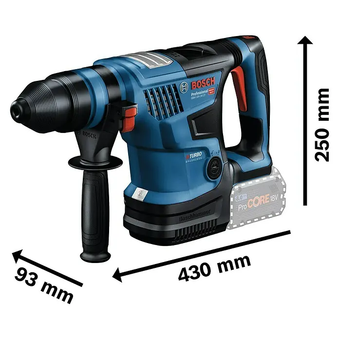 Bosch Professional AMPShare 18V Akku-Kombihammer GBH 18V-34 CF - 18 V, 2 Akkus, 8 Ah, 5,8 J - Abbildung eines Boschhammer Bohrers mit den Maßen 93 mm x 430 mm x 250 mm.