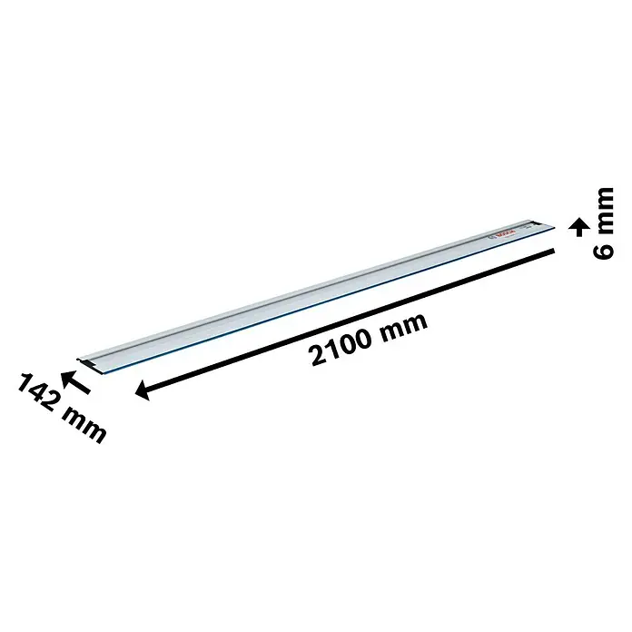 Bosch Professional Führungsschiene FSN 2100 - Länge: 2.100 mm - Produktabbildung einer Bosch Führungsschiene mit den Maßen 2100 mm Länge, 142 mm Breite und 6 mm Höhe.