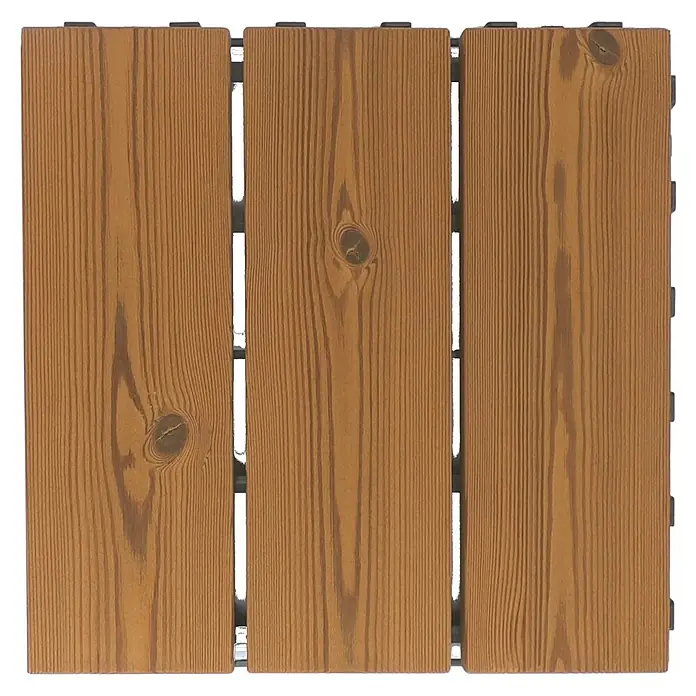 Klickfliese Smartdeck - Kiefer, 30 x 30 x 2,5 cm, Naturbraun, 6 Stk. - Nahaufnahme von Terrassendielen aus Holz mit sichtbarer Maserung und Verbindungselementen.