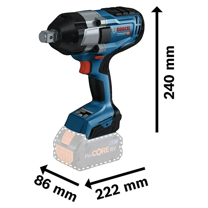 Bosch Professional AMPShare 18V Akku-Drehschlagschrauber GDS 18V-1050 H - 18 V, Ohne Akku - Abbildung eines Bosch GDS 18V-1050 H Akku-Schlagschraubers mit Maßangaben. Das Gerät ist blau und schwarz mit rotem Auslöser.
