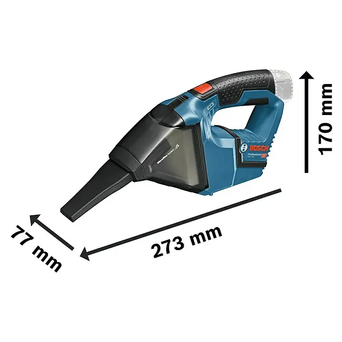 Bosch Professional Akku-Handstaubsauger GAS 12V - 12 V, Ohne Akku, Luftmenge: 15 l/s, Koffer - Abbildung eines Bosch GAS 12V Akku-Handsaugers mit Größenangaben.