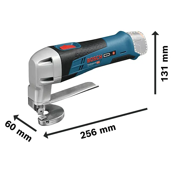 Bosch Professional Akku-Blechschere GSC 12V-13 - 12 V, Ohne Akku, Leerlaufhubzahl: 3.600 /min - Abbildung der Blechschere Bosch Professional GSC 12V-13 mit Maßangaben.