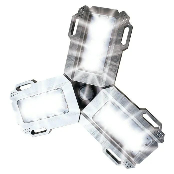 Starlyf LED-Panel Triple Bright - 12 W, L x B x H: 12 x 12,5 x 13,5 cm, Silber, Klar, Tageslichtweiß - Ein dreiflügeliger LED-Deckenstrahler mit hellem Licht und futuristischem Design. Perfekt für Werkstatt oder Garage.