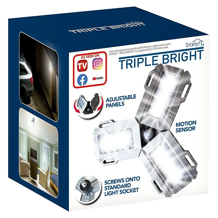 Starlyf LED-Panel Triple Bright - 12 W, L x B x H: 12 x 12,5 x 13,5 cm, Silber, Klar, Tageslichtweiß - Verpackung der Starlyf Triple Bright Lampe mit Details zu Funktionen wie verstellbaren Paneelen und Bewegungssensor.