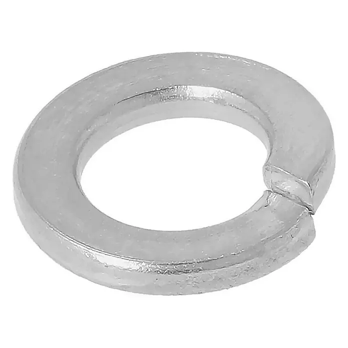 Federring A2 - Innendurchmesser: 4,1 mm, Edelstahl, 16 Stk. - Nahaufnahme einer silbernen Federscheibe. Das Bauteil hat eine spiralförmige Form und ist für Schraubverbindungen konzipiert.