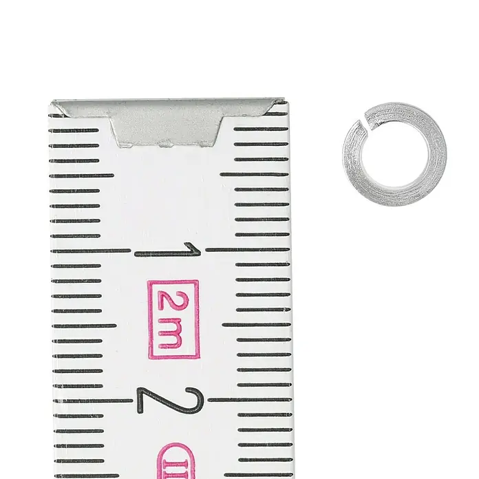 Profi Depot Federring - 4,1 mm, 100 Stk., DIN 127, Verzinkt - Bild einer Federring-Unterlegscheibe neben einem metrischen Lineal, das die Größe des Artikels anzeigt.