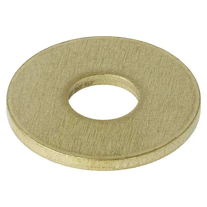 Karosseriescheibe - Innendurchmesser: 10,5 mm, Außendurchmesser: 30 mm, Messing, Blank, 6 Stk., DIN 9021 - Nahaufnahme einer goldenen Unterlegscheibe mit einem Loch in der Mitte, ideal für Bau- und Reparaturarbeiten.
