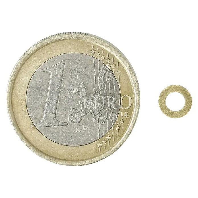 Unterlegscheibe - Innendurchmesser: 3,2 mm, Außendurchmesser: 7 mm, Messing, Blank, 26 Stk. - Ein Euro-Stück liegt neben einer kleinen, goldenen Unterlegscheibe auf einem schwarzen Hintergrund.