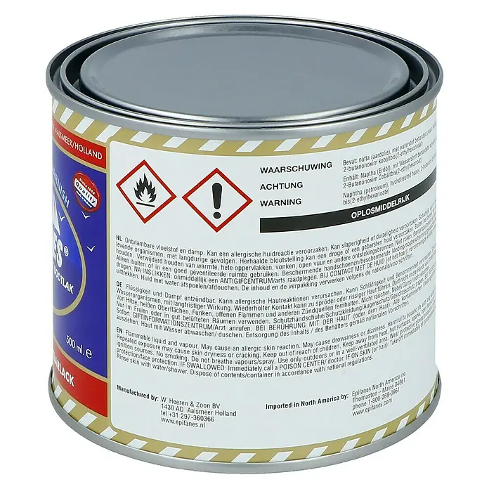 Epifanes Klarlack - 500 ml - Epifanes Bootslack Dose, schwarzer Lack, mit Gefahrenhinweisen. Für den Bootsbau und zur Lackierung von Oberflächen.