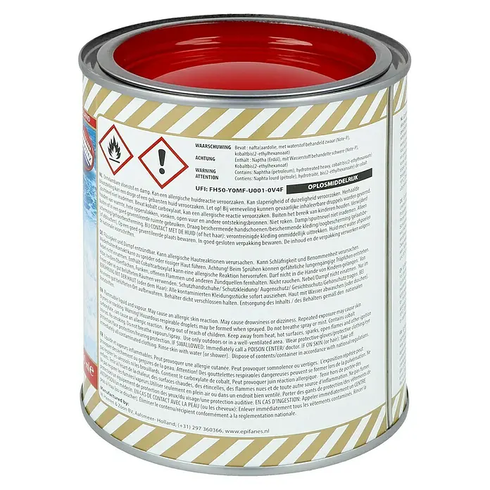 Epifanes Yachtlack Mono-Urethan - Rot 3116, 750 ml - Dose Epifanes Farbe mit Warnsymbolen, die auf Entflammbarkeit und mögliche allergische Reaktionen hinweisen.