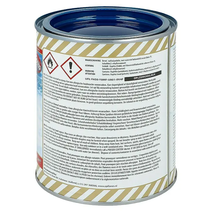 Epifanes Yachtlack Mono-Urethan - Dunkelblau 3129, 750 ml - Dose Epifanes-Bootslack, Warnhinweise und Inhaltsstoffe auf dem Etikett.