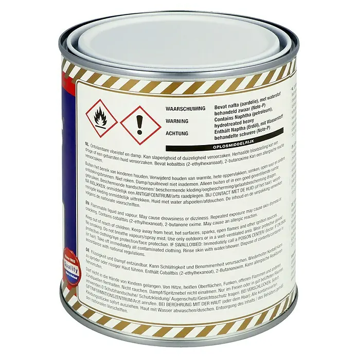 Epifanes Yachtlack Satin Finish - Weiß, 750 ml - Dose mit Warnhinweisen zu Inhaltsstoffen wie Naphtha und Kobaltbis, die Hautreizungen und Schläfrigkeit verursachen können.