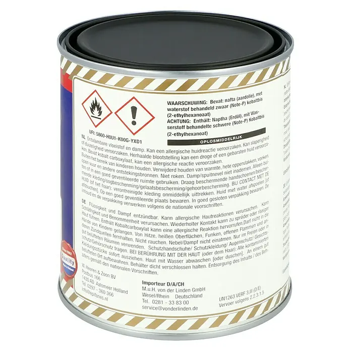 Epifanes Yachtlack - Schwarz, 750 ml - Lackdose mit Gefahrenhinweisen und Herstellerinformationen.