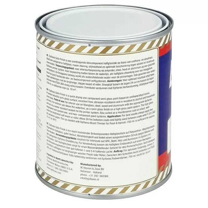 Epifanes Yachtlack Satin Finish - Weiß, 750 ml - Eine silberne Metalldose für Farbe mit einem weiß-gold gestreiften Etikett, das Produktinformationen anzeigt.