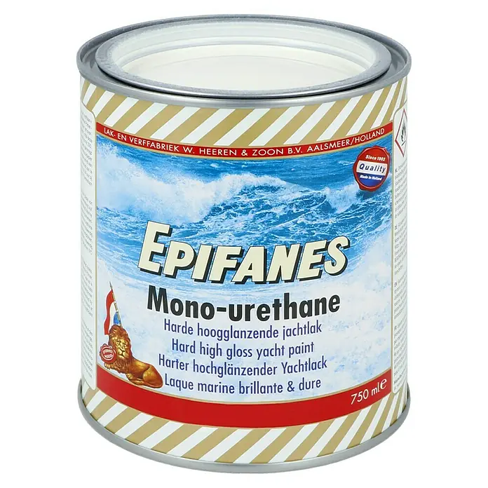 Epifanes Yachtlack Mono-Urethan - Arktisweiß 3248, 750 ml - Eine Dose Epifanes Mono-Urethan Hochglanz Yachtlackfarbe mit einem auffälligen Design und klarer Produktkennzeichnung.