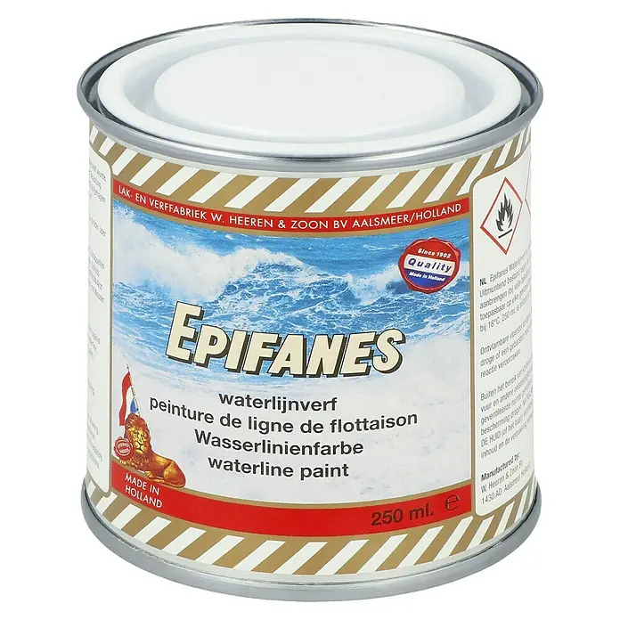 Epifanes Wasserlinienfarbe - Weiß, 250 ml - Dose Epifanes Waterline Paint, 250 ml. Hochwertige Farbe für die Wasserlinie, ideal für Boote und Schiffe. Made in Holland.