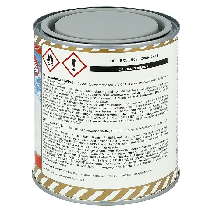 Epifanes Gleitschutzfarbe - 750 ml, Grau 213 - Dose mit Gefahrzeichen und Warnhinweisen für eine brennbare Flüssigkeit, die Schläfrigkeit verursachen kann.