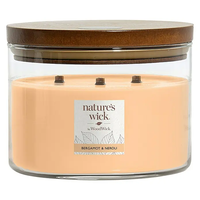 Woodwick Nature's Wick Duftkerze - Im Glas, Bergamot & Neroli, Anzahl Dochte: 3 Stk. - Eine Nature's Wick Duftkerze "Bergamot & Neroli" mit Holzdeckel, die ein gemütliches Ambiente verspricht.