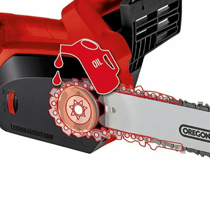 Einhell Motosierra eléctrica GH-EC 1835 - 1.800 W, Longitud de la cuchilla: 35 cm - Primer plano de una motosierra Oregon, con un símbolo de lata de aceite que destaca la importancia de la lubricación.