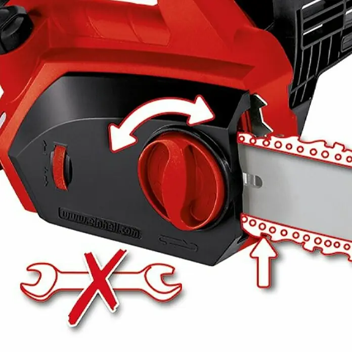 Einhell Motosierra eléctrica GH-EC 1835 - 1.800 W, Longitud de la cuchilla: 35 cm - Detalle de una motosierra Einhell roja, destacando el dispositivo de tensión y la cadena.