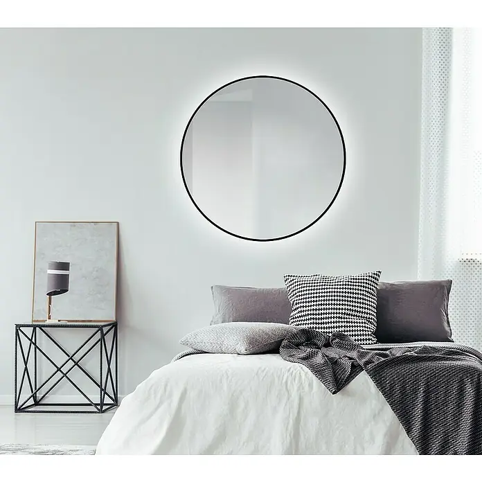 DSK Lichtspiegel Silver Globo - Durchmesser: 100 cm, Schwarz, Leuchtmittel - Modernes Schlafzimmer mit rundem Spiegel mit Hintergrundbeleuchtung über dem Bett. Minimalistisch und stilvoll.