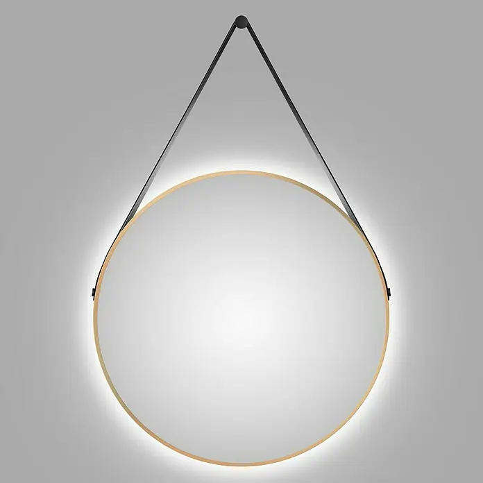DSK Lichtspiegel Silver Barbier - Durchmesser: 80 cm, Gold, Leuchtmittel - Runde Spiegelleuchte mit einem goldenen Rahmen und einem schwarzen Aufhänger. Das Licht strahlt sanft hinter dem Spiegel.
