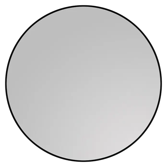 DSK Wandspiegel Black Rondo - 60 x 60 cm, Durchmesser: 60 cm, Schwarz - Nahaufnahme eines runden Spiegels mit einem schlanken, schwarzen Rahmen auf einem sauberen schwarzen Hintergrund, der das minimalistische Design hervorhebt.