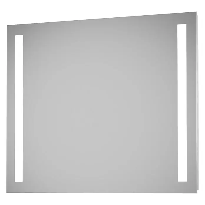 DSK Lichtspiegel Silver Dream - 80 x 60 cm - Das Bild zeigt einen rechteckigen LED-beleuchteten Spiegel mit zwei vertikalen Lichtstreifen an den Seiten vor einem schwarzen Hintergrund.