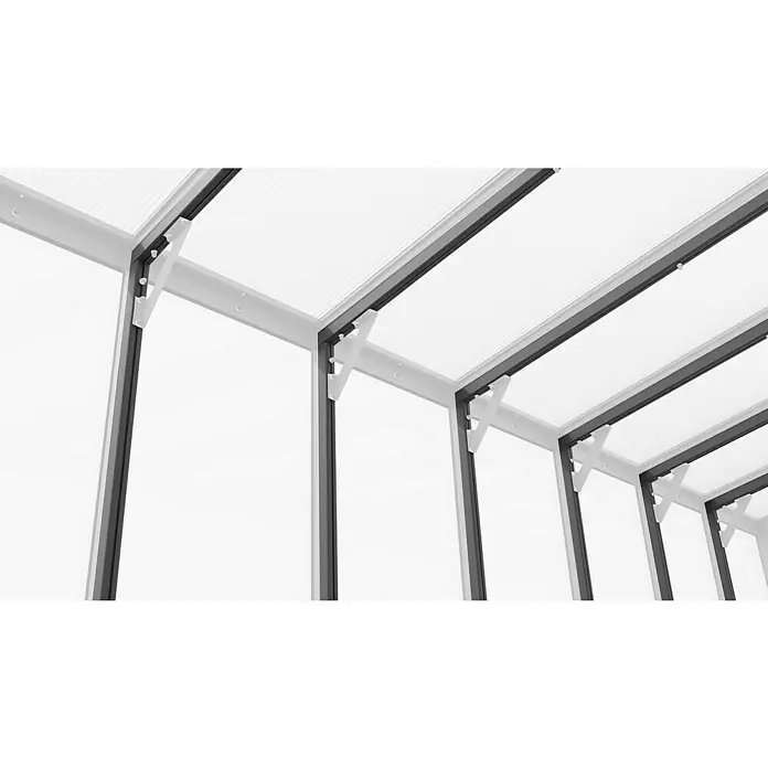 Vitavia Pavillon-Nachrüstsatz Helena 11900 - Passend für: Vitavia Gewächshaus Helena 11900, Weiß - Detailansicht einer Gewächshausstruktur mit Polycarbonatplatten und stabilen Rahmen. Ideal für Gartenbauprojekte und Pflanzenzucht.