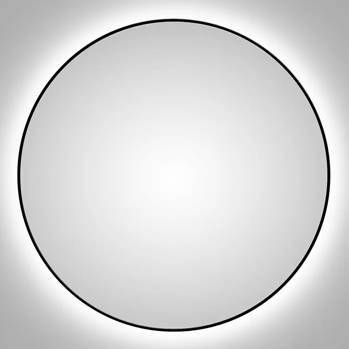 DSK Lichtspiegel Silver Globo - Durchmesser: 120 cm, Schwarz, Leuchtmittel - Ein kreisförmiger Spiegel mit einem schmalen schwarzen Rahmen und einem subtilen, umgebenden Lichtschein, der ein modernes Ambiente schafft.