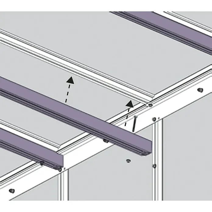 Vitavia Pavillon-Nachrüstsatz Helena 10200 - Passend für: Vitavia Gewächshaus Helena 10200, Aluminium - Detailansicht der Montage einer Aluminiumkonstruktion mit hervorgehobenen Verbindungselementen und Richtungspfeilen für die Installation.