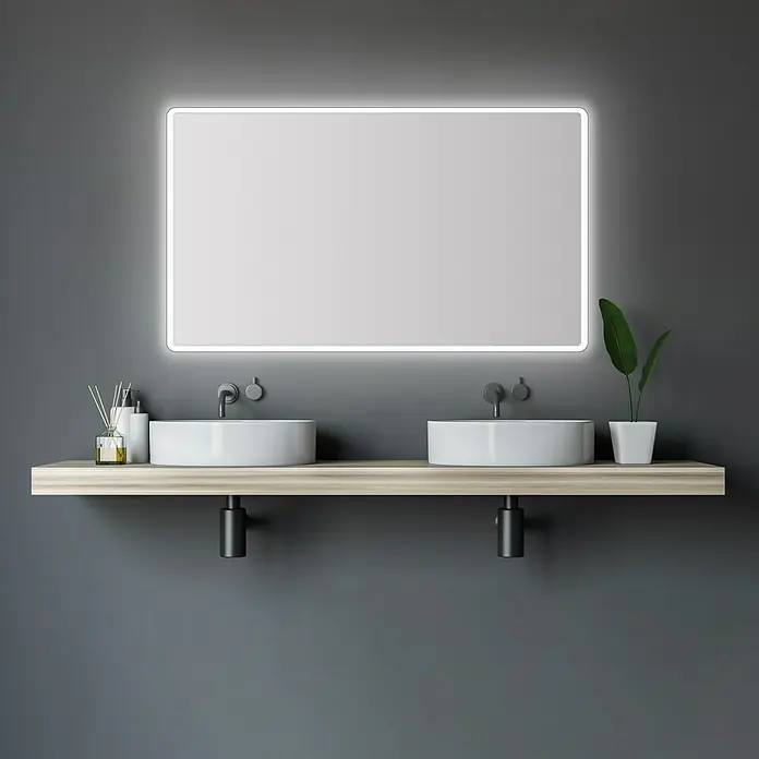 DSK Lichtspiegel Silver Luna - 120 x 70 cm - Modernes Badezimmer-Interieur mit zwei Waschbecken auf einer Holzplatte und einem beleuchteten Spiegel an einer grauen Wand.