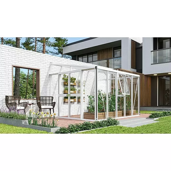 Vitavia Pavillon-Nachrüstsatz Helena 8600 - Passend für: Vitavia Gewächshaus Helena 8600, Weiß - Modernes Anlehngewächshaus mit weißem Rahmen und klaren Paneelen, bepflanzt, in einem modernen Außenbereich integriert.