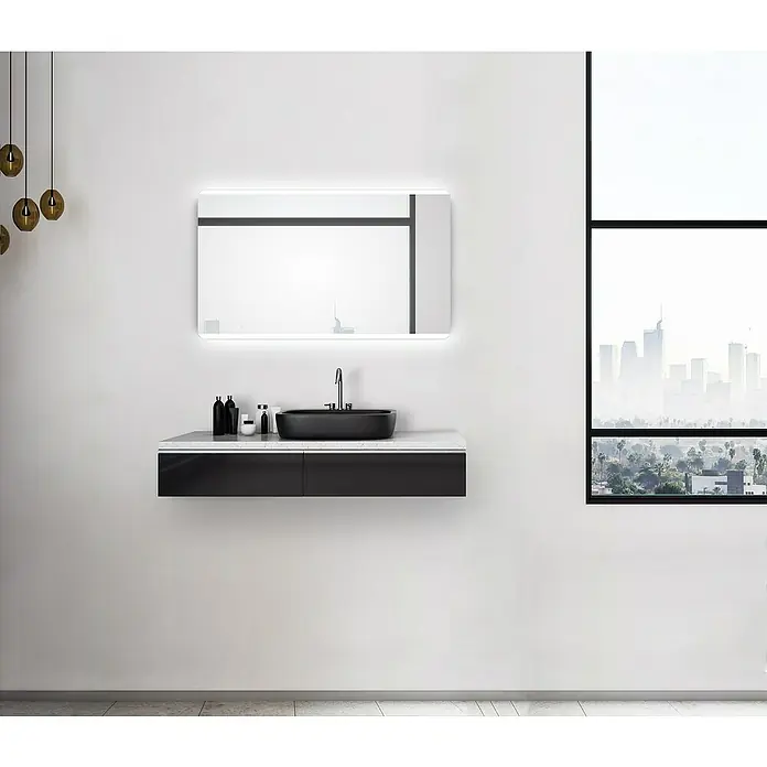 DSK Lichtspiegel Silver Chic - 120 x 70 cm, Silber, Leuchtmittel - Modernes Badezimmerwaschbecken mit schwarzer Unterschrank und beleuchtetem Spiegel, das Design betont.