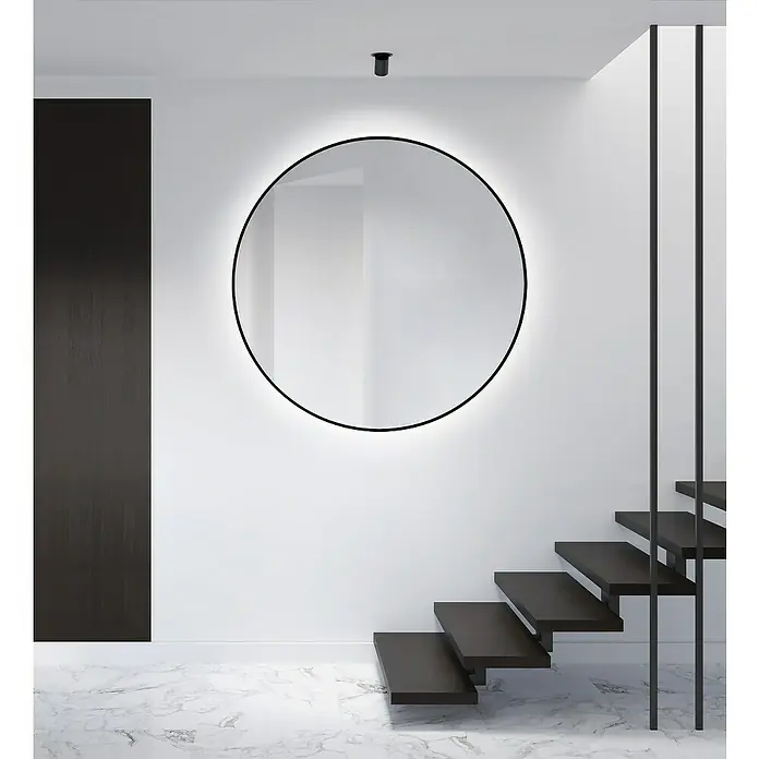 DSK Lichtspiegel Silver Globo - Durchmesser: 120 cm, Schwarz, Leuchtmittel - Das moderne Badezimmer zeigt einen runden Spiegel mit LED-Beleuchtung, der eine stilvolle und funktionale Ergänzung darstellt.